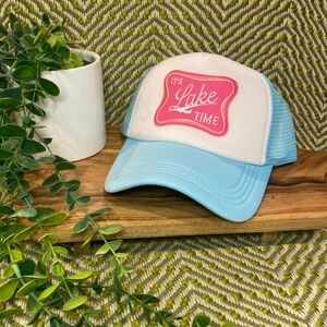 Blue and White Trucker Hat with Pink Patch